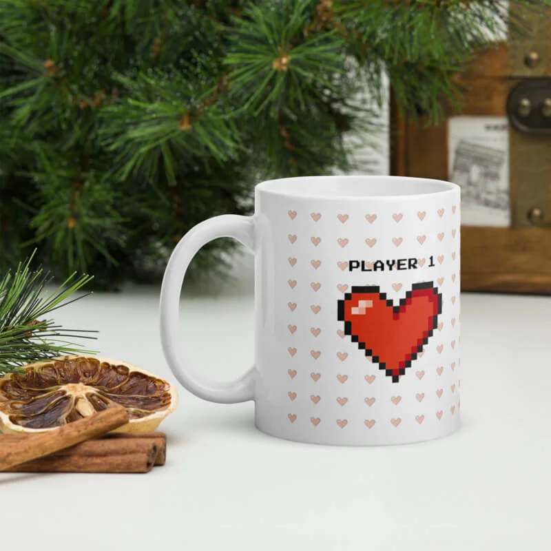 Caneca Casal nerd Player 1 e Player 2 Coração Pixel