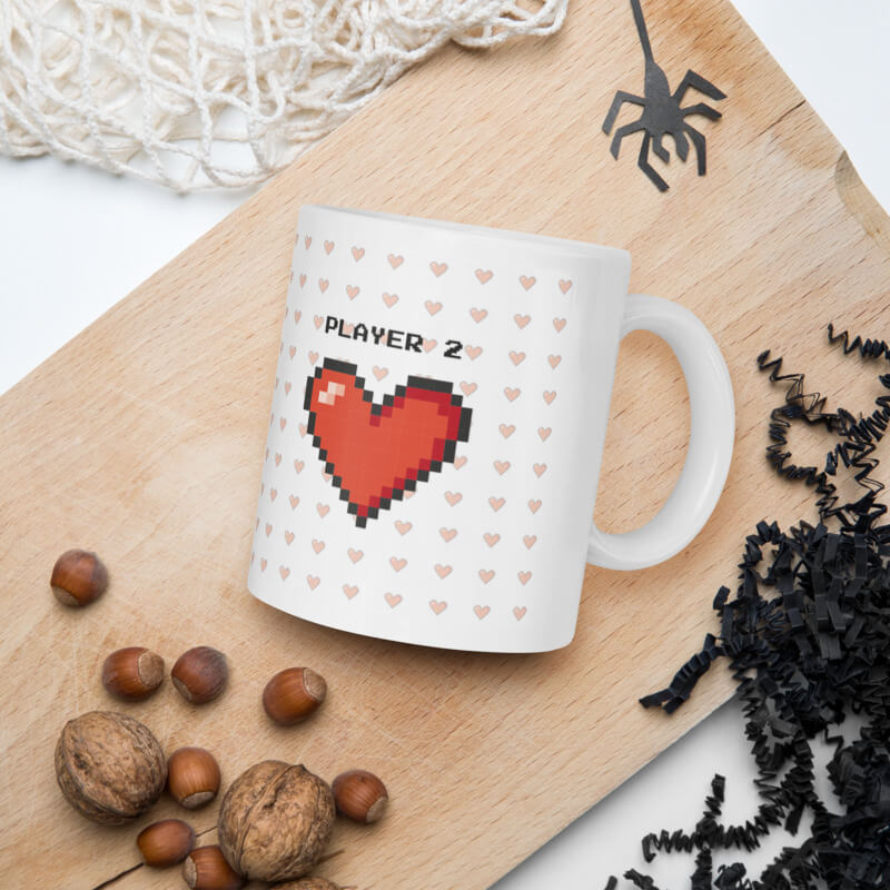 Caneca Casal Gamer Player 1 e Player 2 Coração Pixel