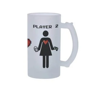 Caneca Chopp Casal Gamer Geek Player 1 Player 2