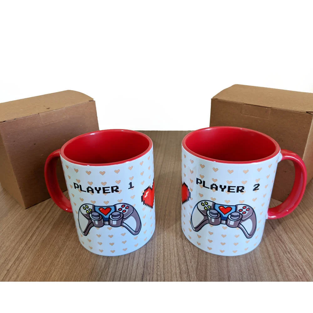 caneca 325 ml casal controle player 1 e 2 presente namorados gamer
