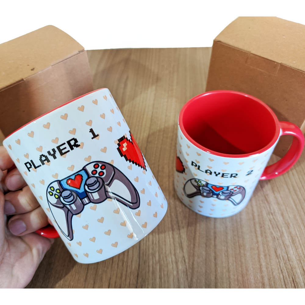 caneca cerâmica casal controle player 1 e 2 presente namorados gamer