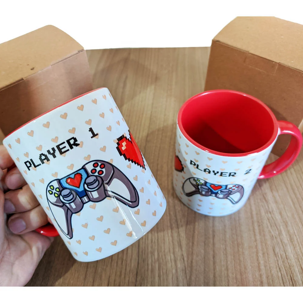 caneca cerâmica casal controle player 1 e 2 presente namorados gamer