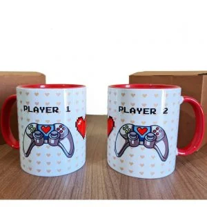 caneca cerâmica casal controle player 1 e 2 presente namorados geek
