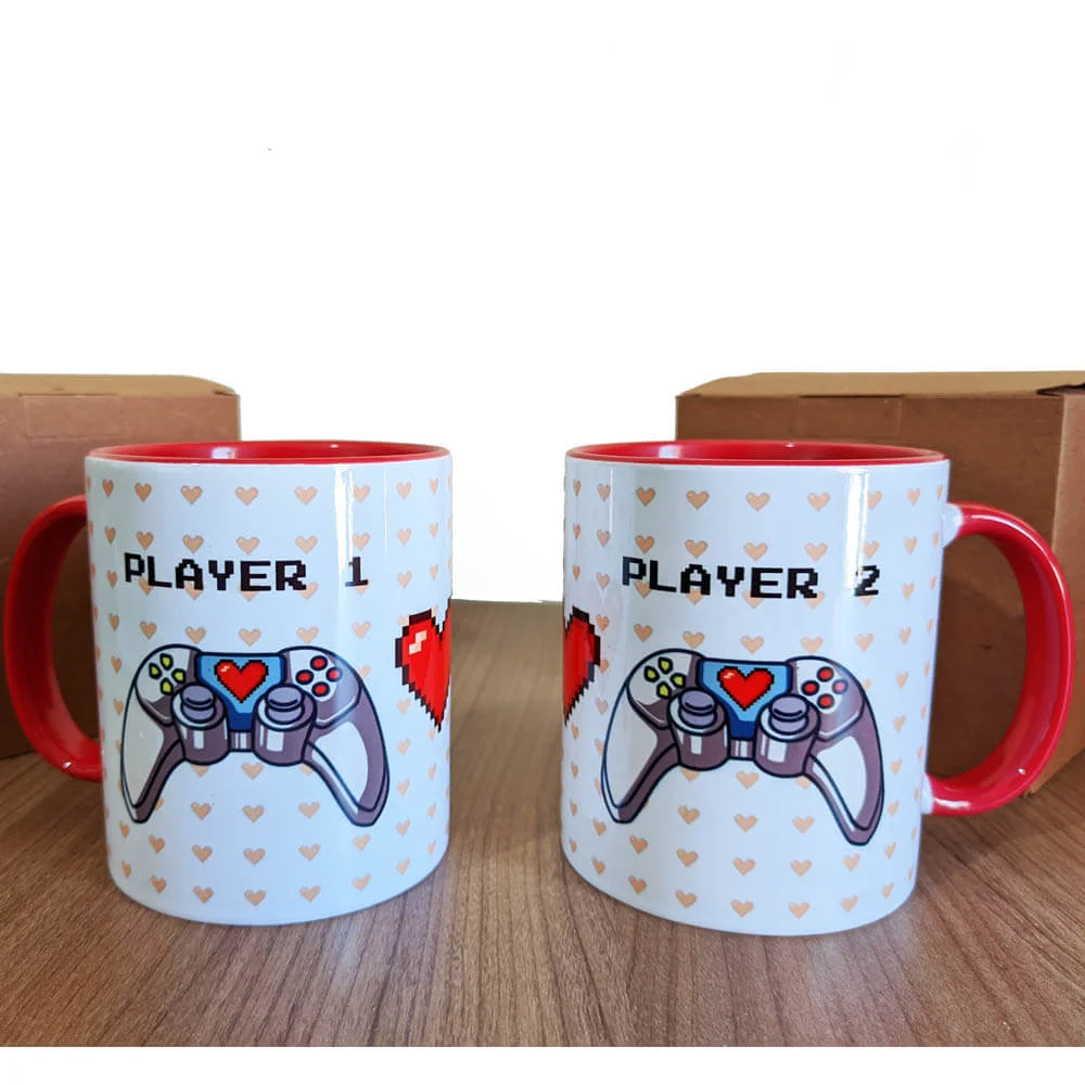 caneca cerâmica casal controle player 1 e 2 presente namorados geek