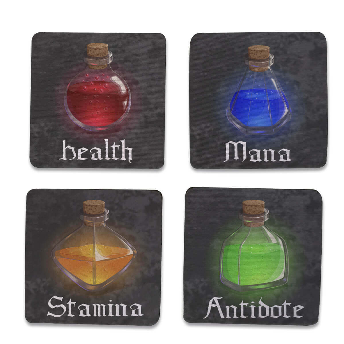 Kit 4 Porta Copos RPG Potions - Presente Criativo Geek Kit 4 Porta Copos RPG Potions - Presente Criativo Geek