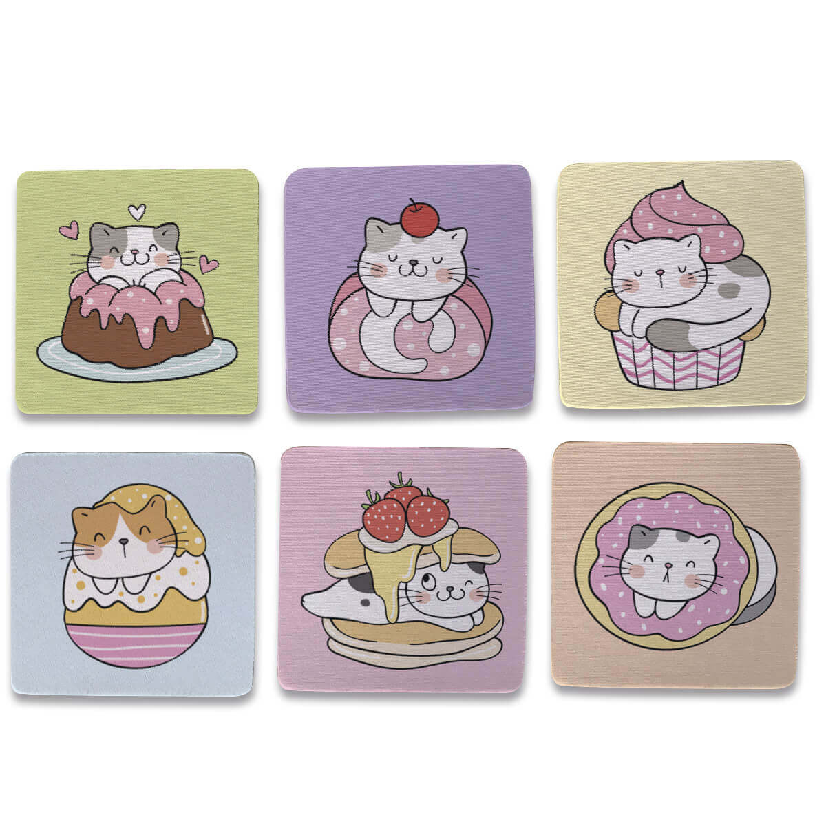 Kit 6 Porta copos Gatinho Kawaii Doces - Presente Criativo Kit 6 Porta copos Gatinho Kawaii Doces - Presente Criativo