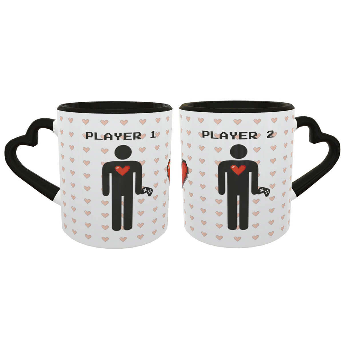 Caneca Coração Casal Player 1 e 2 HxH Presente Namorados Gaymer