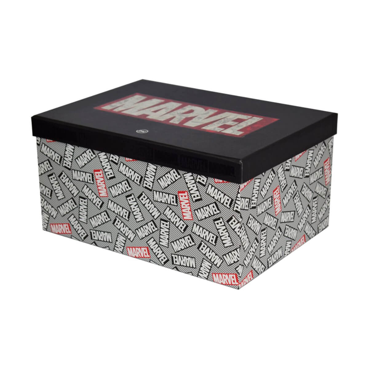 Caixa organizadora da marvel com várias logos estampada