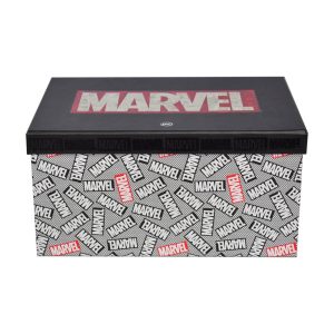 Caixa organizadora da marvel com várias logos estampada