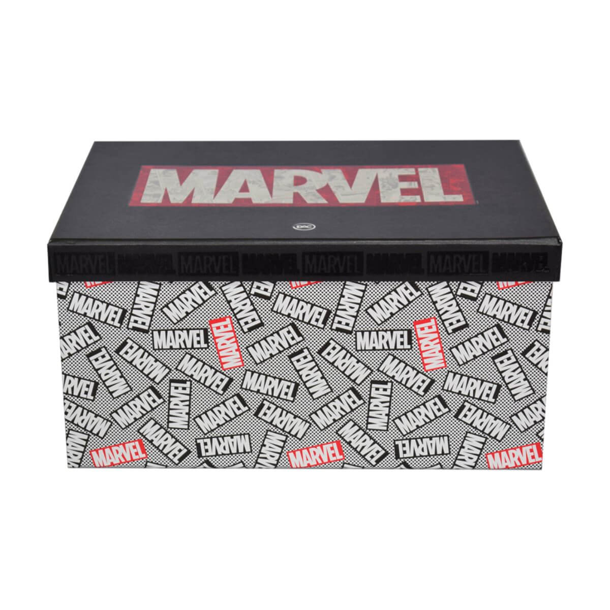 3413_Caixa Organizadora_Marvel_Lateral Caixa organizadora da marvel com várias logos estampada