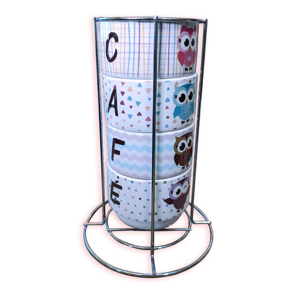 Torre de 4 xícaras Café Corujas Kawaii Cozinha Criativa Torre de 4 xícaras Café Corujas Kawaii Cozinha Criativa