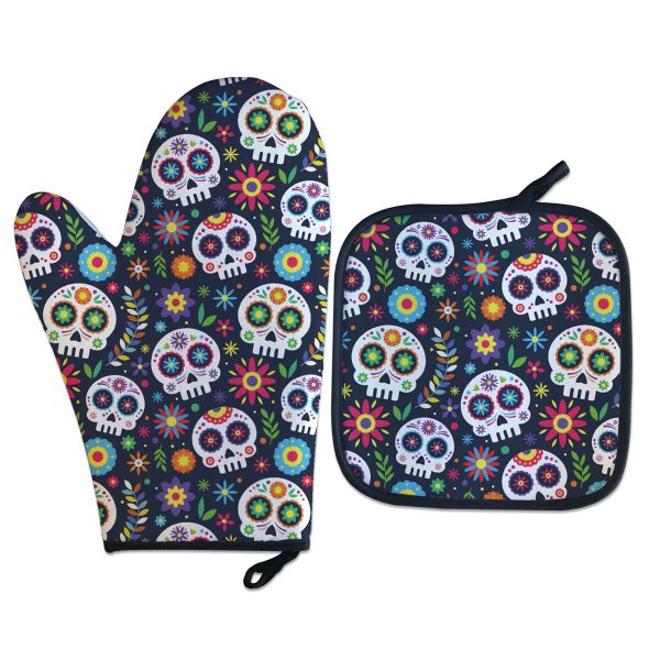 Kit Luva Térmica Criativa Caveira Mexicana Luvas térmicas de cozinha com estampa de caveira mexicana