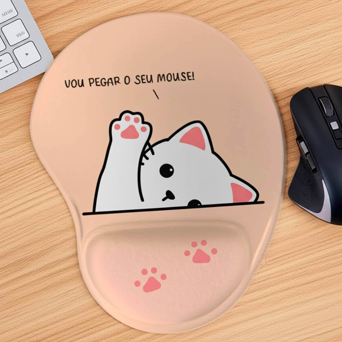 Mouse Pad Ergonômico - Gatinho Vou Pegar o Seu Mouse com apoio de espuma macia