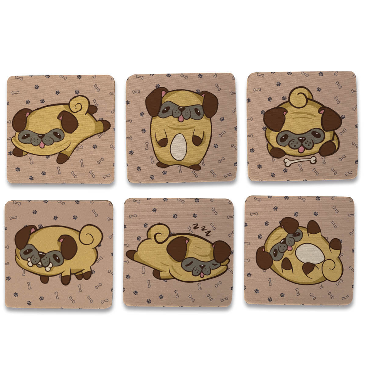 Kit 6 Porta Copos Criativos - Pug Kawaii