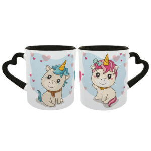 Caneca Coração Casal Unicórnios Kawaii Namorados Geek