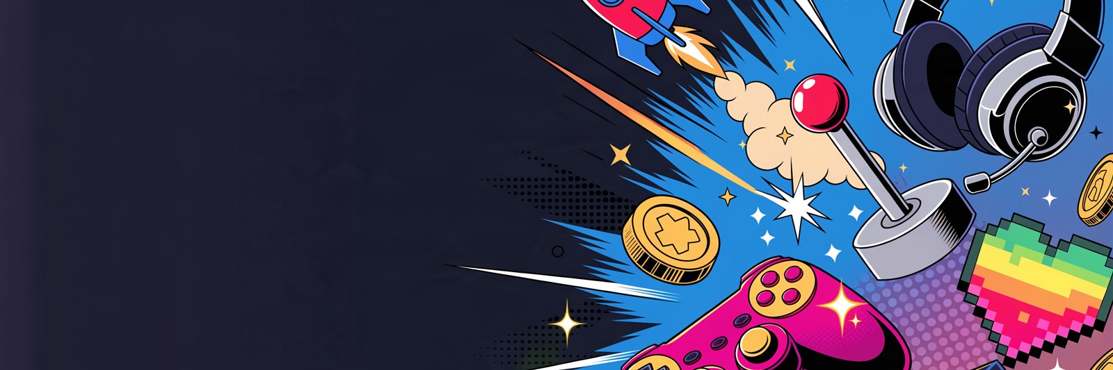 Ilustração comic pop-art da Geek Vip com elementos gamer: controle, joystick de arcade, headset, dado d20, moedas e coração pixelado — presentes geek para gamers