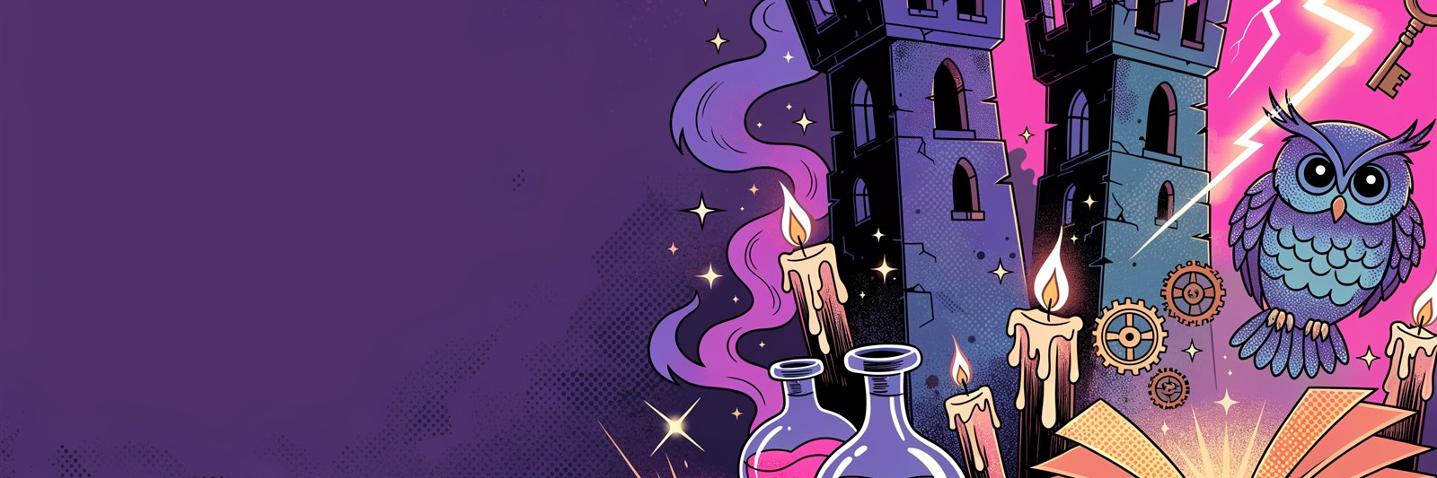 Ilustração estilo comic pop-art da Geek Vip com elementos mágicos: coruja, castelo, grimório, poções, varinha, velas e chave — presentes de Harry Potter e do mundo da magia