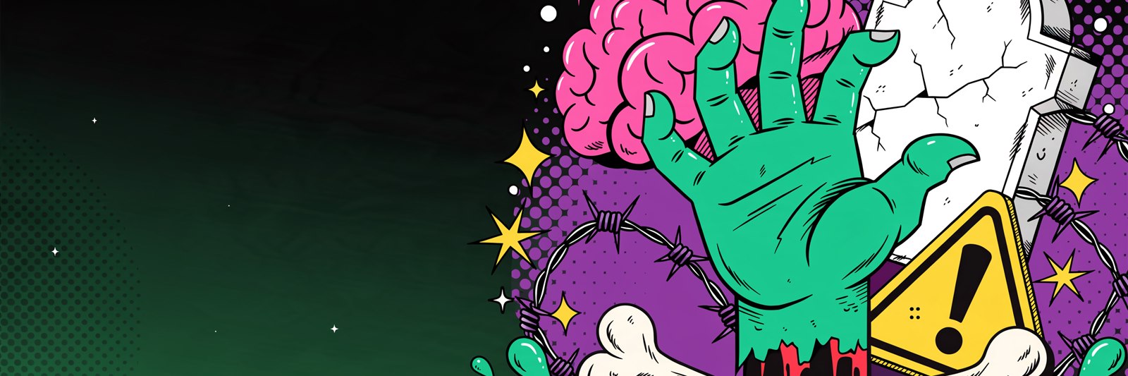 Ilustração comic pop-art da Geek Vip com elementos de zumbi: mão verde de zumbi, cérebro, fita de perigo, lápide e ossos — presentes geek de zumbi