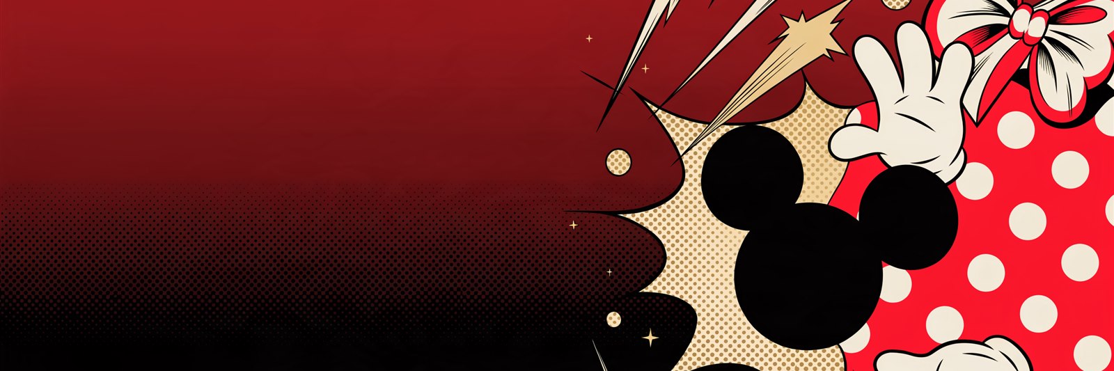 Ilustração comic pop-art da Geek Vip com elementos clássicos de camundongo: orelhas redondas, luvas brancas, laço e poás — presentes inspirados no Mickey e na turma