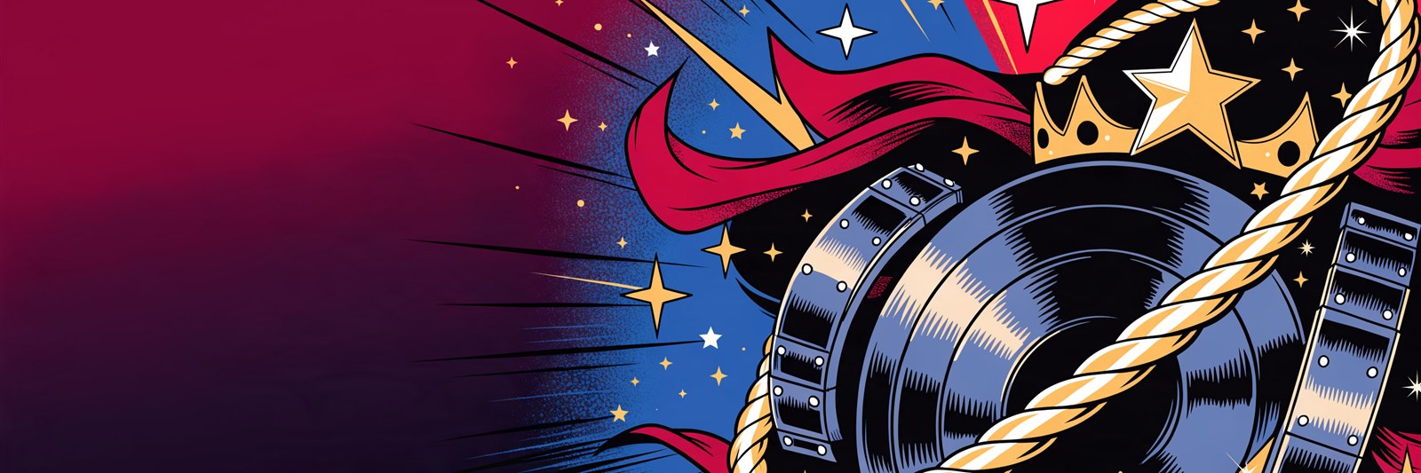 Ilustração comic pop-art da Geek Vip com elementos de super-heroína: tiara com estrela, laço dourado, escudo, braceletes e capa — presentes de Mulher Maravilha
