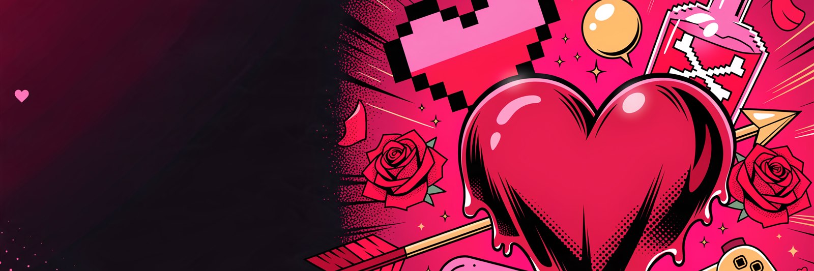 Ilustração comic pop-art da Geek Vip com elementos românticos geek: coração, coração pixelado, poção do amor, flecha do cupido, rosas e controle — presentes de Namorados