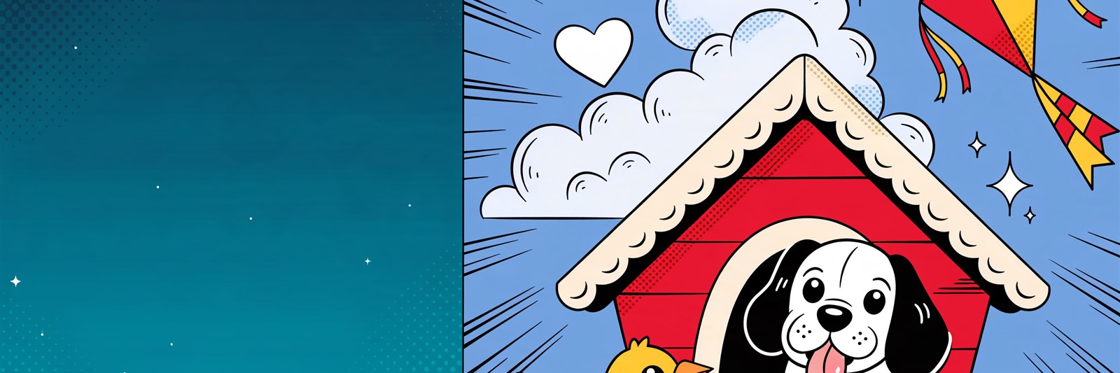 Ilustração comic pop-art da Geek Vip com elementos fofos: cachorrinho cartoon, casa de cachorro vermelha, passarinho amarelo, pipa e corações — presentes do Snoopy