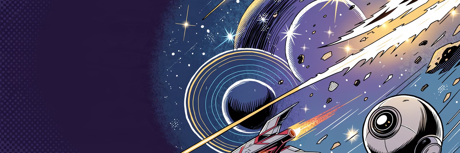 Ilustração comic pop-art da Geek Vip com elementos sci-fi: espada de luz, droid, nave, planetas e estrelas — presentes geek de Star Wars