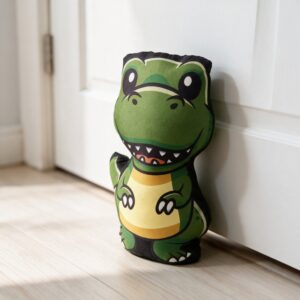 Peso de porta dinossauro T-Rex kawaii segurando porta branca aberta