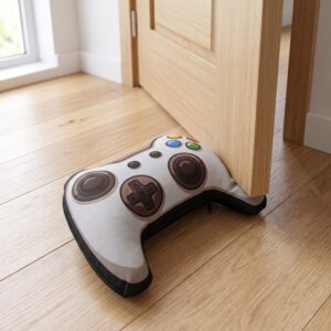 Peso de porta controle de videogame segurando porta branca aberta