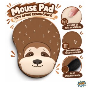Mouse pad Preguiça Face Kawaii Geek Vip com apoio, apresentado com destaques da espuma, tecido e base.