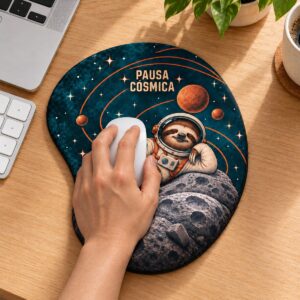 Mão utilizando o mouse pad Preguiça Pausa Cósmica em uma mesa, com apoio de pulso integrado.
