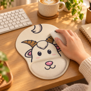 Mouse Pad Ergonômico Cabra Kawaii em uso na mesa