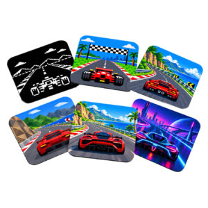 Kit com seis porta-copos corrida Geek Vip, peças quadradas de 9 × 9 cm