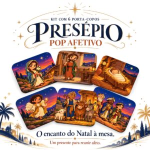 Kit de 6 porta-copos Presépio Pop Afetivo da Geek Vip com as seis cenas do Natal e título do kit