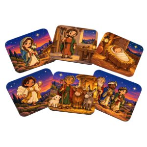 Kit com 6 porta-copos Presépio Pop Afetivo da Geek Vip sobre fundo branco, com Maria, José, Jesus, o anjo, o pastor e os Reis Magos